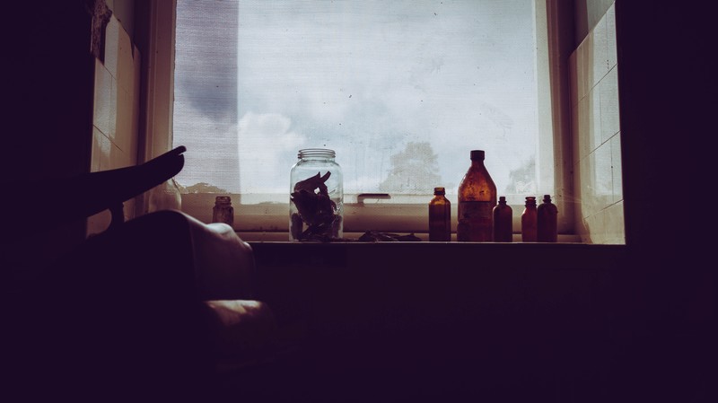bottles, glass jar, window, medicine, dark