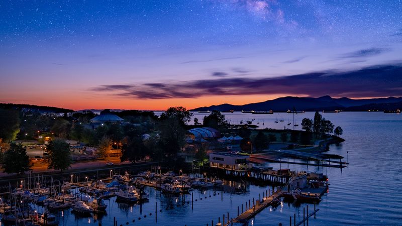 harbor, city, aerial view, port, twilight, starry sky, 4k