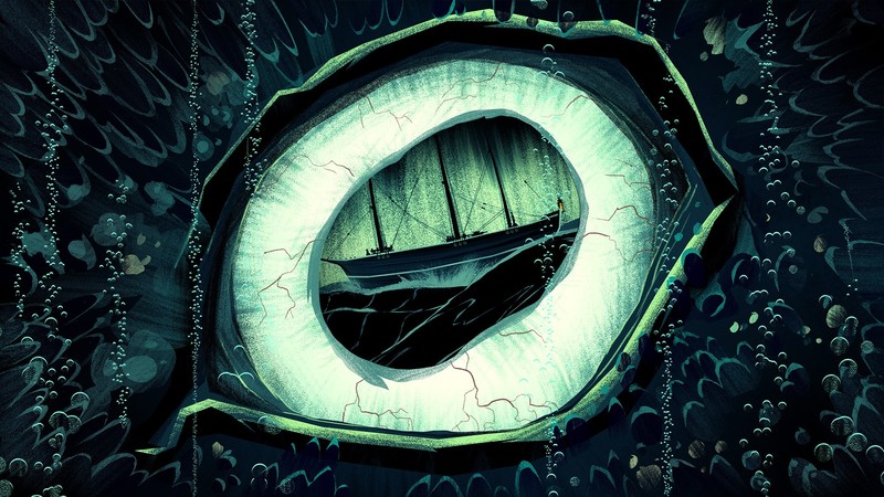 digital art, sailing ship, surreal, underwater, sea, waves, eyes, bubbles, green, green eyes, ship, artwork