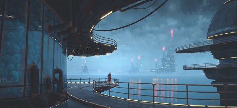 digital art, fantasy art, futuristic, futuristic city, painting, reflection, clouds, lights, science fiction, sea, jellyfish