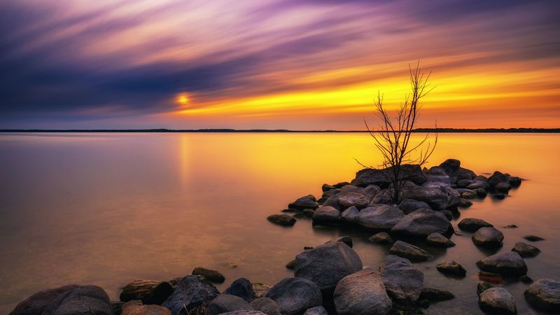 lake, stones, sunset, water, reflection, tree, 4k
