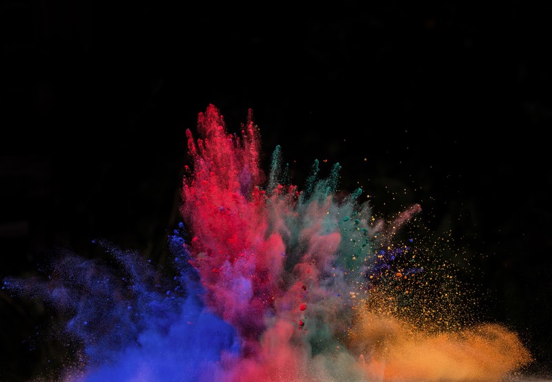 powder explosion, powder, black background, colorful