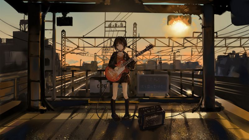 girl, guitar, anime, musician, electric guitar, art, 4k