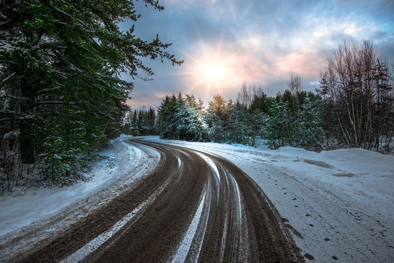 winter, snow, dirt, sunlight, road, nature