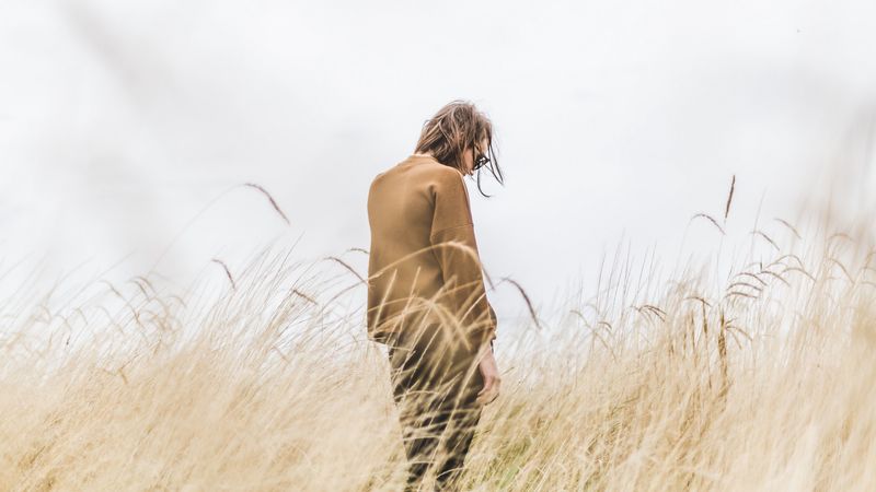 man, grass, loneliness, spikelets, field, 4k