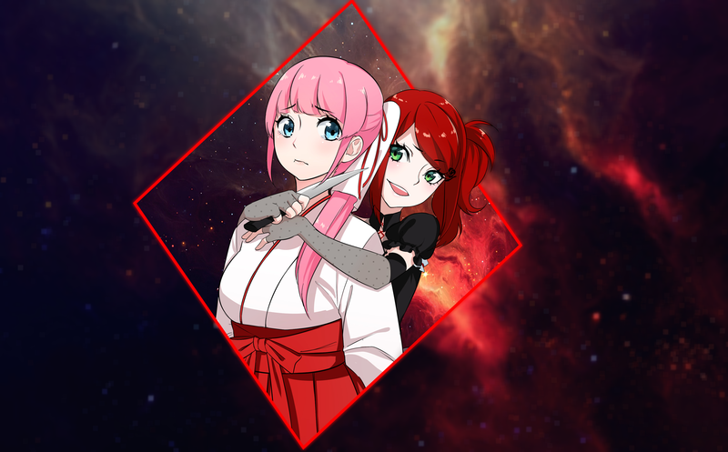 Tokyo Dark, picture-in-picture, anime girls, pink hair, knife, redhead, anime, green eyes, blue eyes