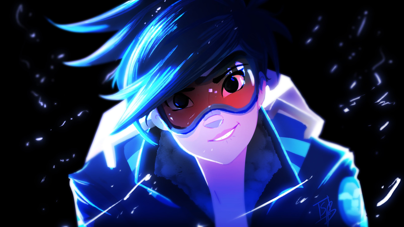 Overwatch, Tracer (Overwatch), anime, anime girls, blue hair
