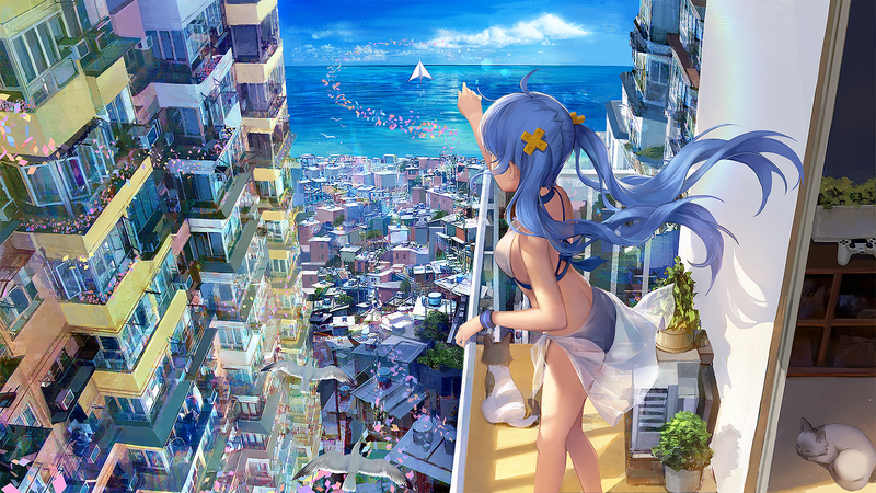 back, anime girls, beach, building, house, paper planes, bikini, PlayStation, cityscape, water, sea, birds, cats, gamepad, flowers, clouds, balcony, apartments
