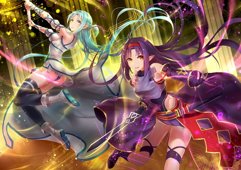 aqua eyes, aqua hair, ass, boots, braids, boobs, headband, long hair, orange eyes, panties, sword, thigh-highs, underwear, weapon, Yuuki Asuna, Sword Art Online