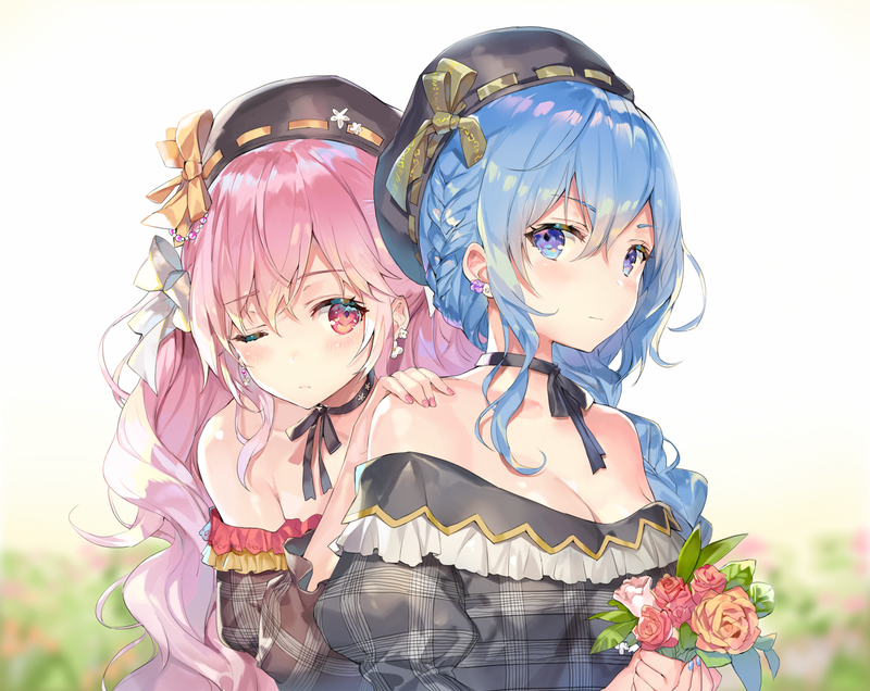 white background, aqua eyes, aqua hair, blushing, hair bows, braids, flowers, hat, long hair, pink eyes, pink hair, wink, collar