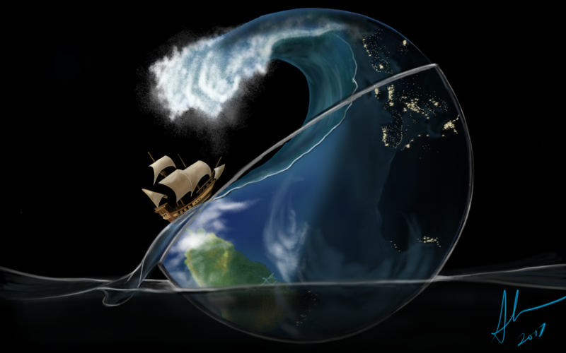 globes, fantasy art, surreal, sailing ship, waves, space