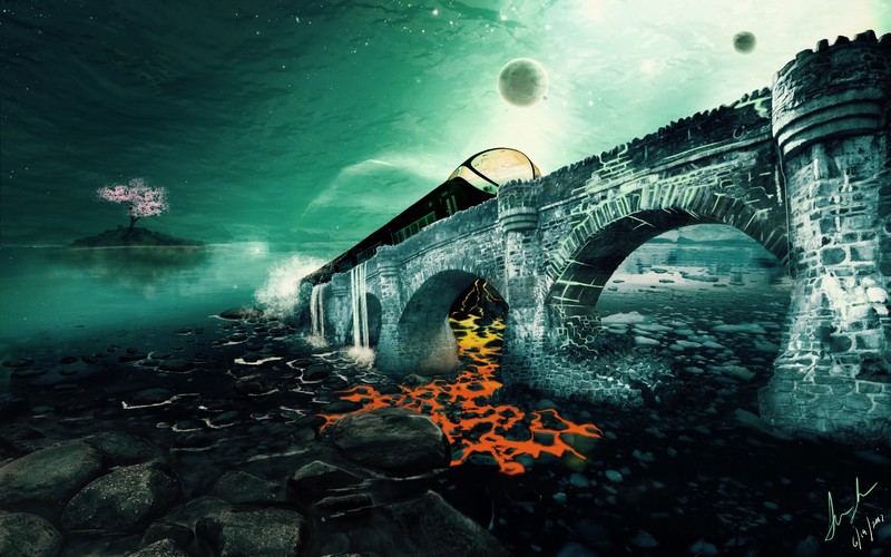 surreal, lava, train, water, fantasy art, digital art