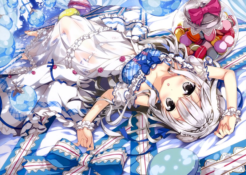 anime, anime girls, white hair, lying down, bare shoulders, dress, see-through clothing, barefoot, looking at viewer, original characters, open mouth, panties