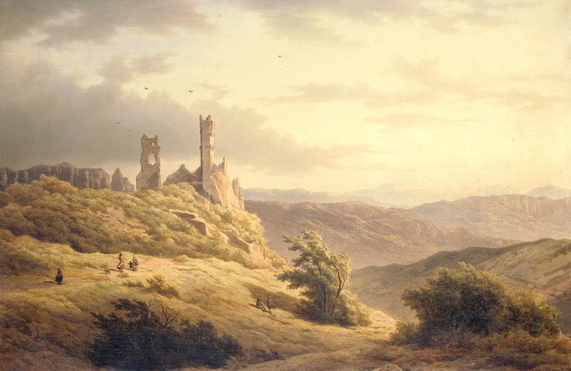painting, classical art, artwork, ruin, sky, landscape