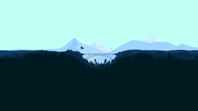 landscape, artwork, mountains, illustration, digital art, forest, bridge, trees, flag, blue, minimalism, pine trees, valley, nature, horizon, snowy peak, clear sky, blue background, Flatdesign, graphic design, vector graphics, vector art, simple, hills, cyan