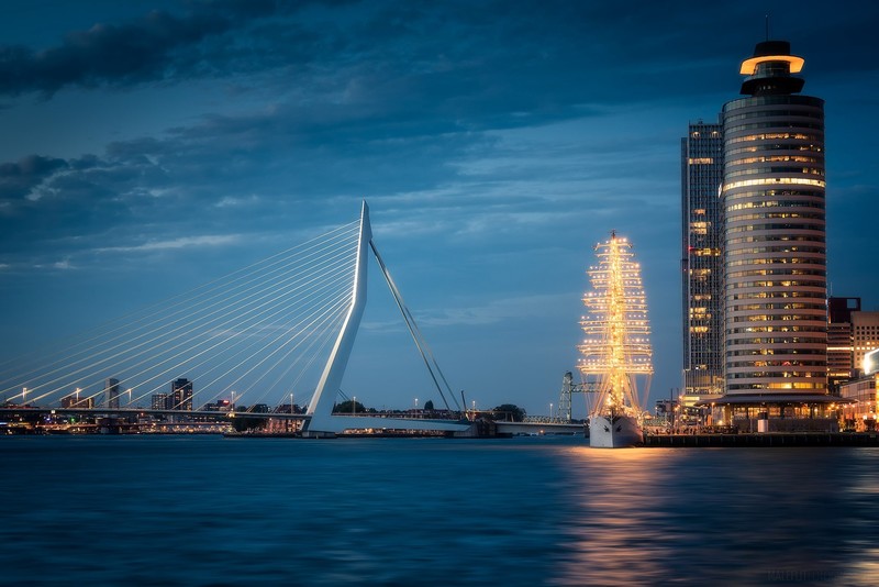 blue, dark, Rotterdam, lights, cityscape