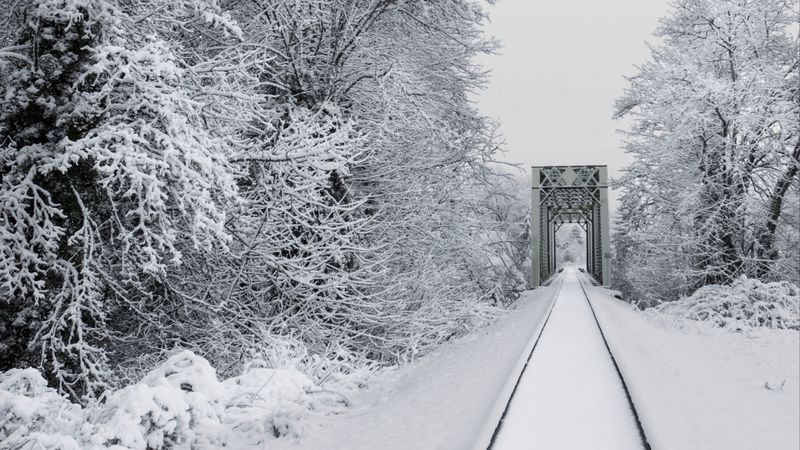railway, snow, bridge, trees, winter, 4k