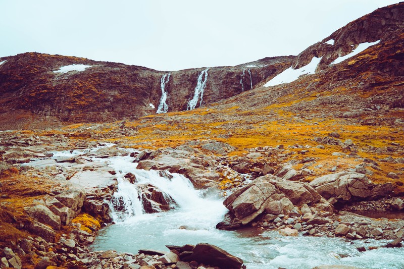 landscape, river, fall, waterfall, mountains, Norway