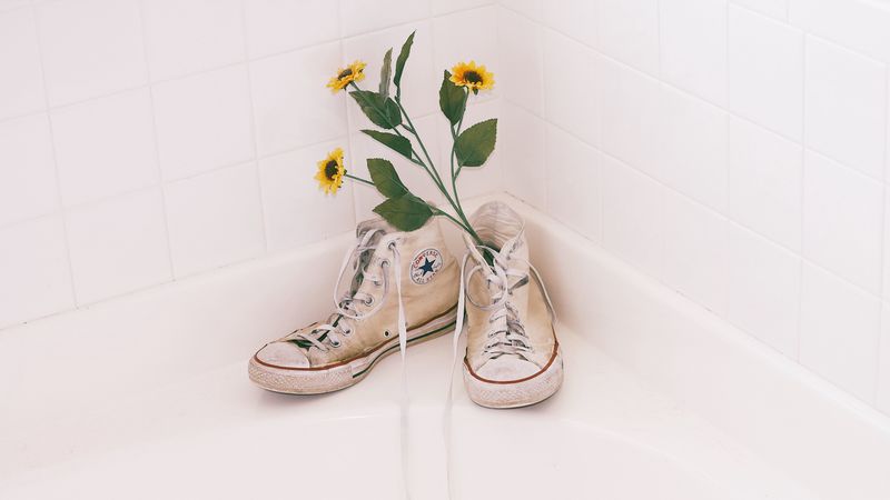 sneakers, shoes, flowers, bouquet, bright, white, 4k
