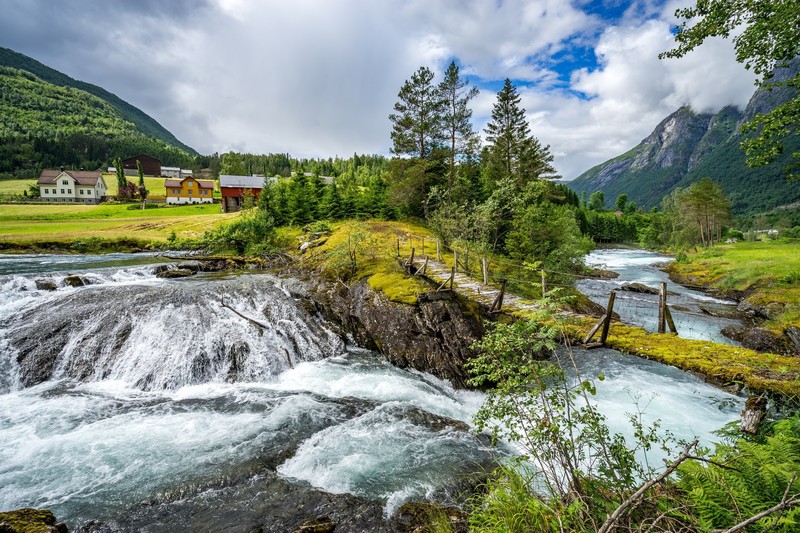 Norway, river, green, nature, landscape, moss, bridge