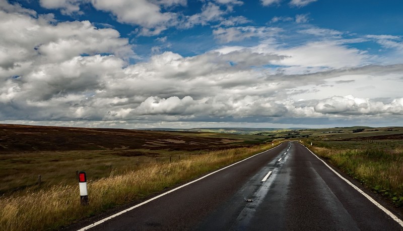 asphalt, road, sky, horizon, blue, clouds, field