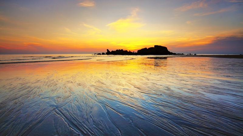 nature, landscape, sea, waves, beach, rock formation, sunset, horizon, clouds