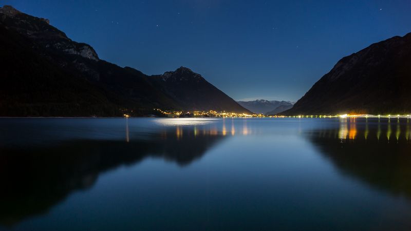 lake, mountains, city, lights, night, reflection, 4k