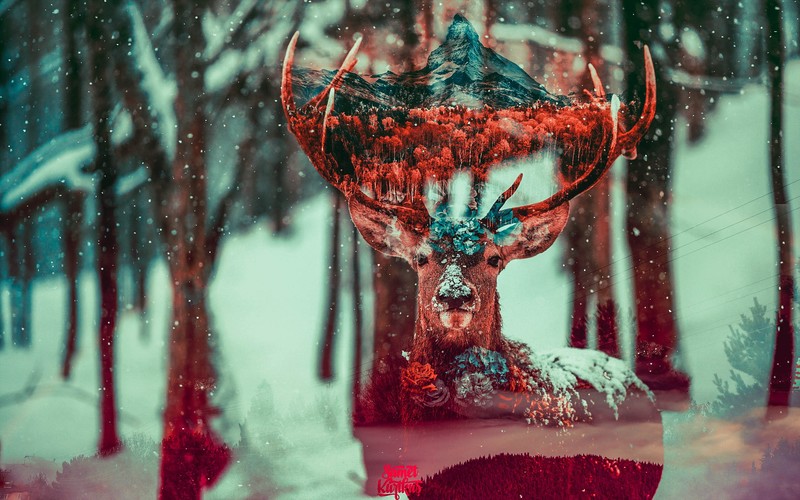 deer, digital art, forest, animals, mountains, Matterhorn