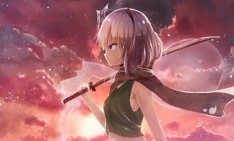 anime, anime girls, white hair, short hair, hair ornament, blue eyes, katana