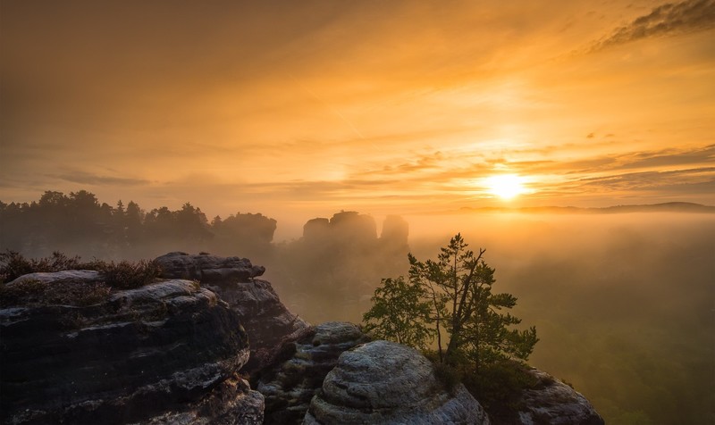 sunlight, nature, sky, landscape, mist, Sun, yellow, rock, valley