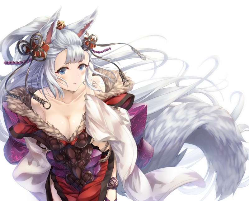 Grand Blue Fantasy, animal ears, tail, blushing, blue eyes, cleavage