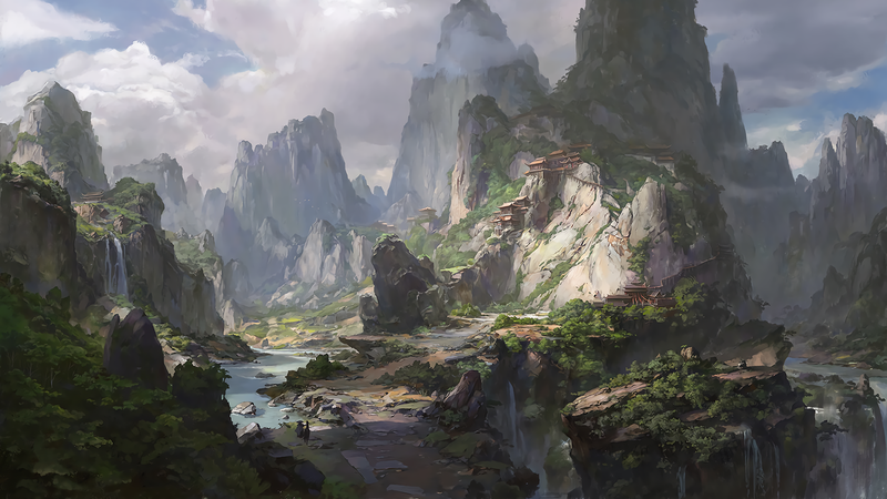 digital art, mountains, Asian architecture