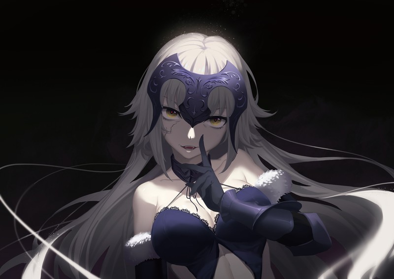 anime, anime girls, cleavage, long hair, white hair, yellow eyes, gloves, Ruler (Fate/Apocrypha), Fate/Apocrypha, Fate Series, smiling, black background