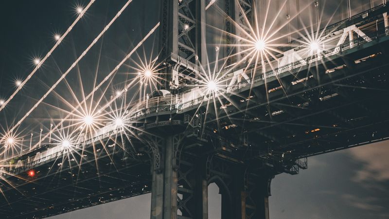 bridge, support, lights, river, city, construction, architecture, 4k