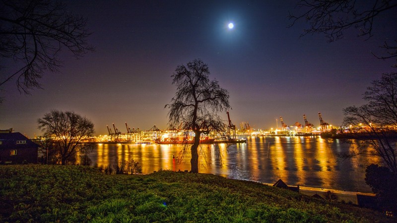 city, sky, Moon, grass, lights, harbor, ports, outdoors, river, water, night