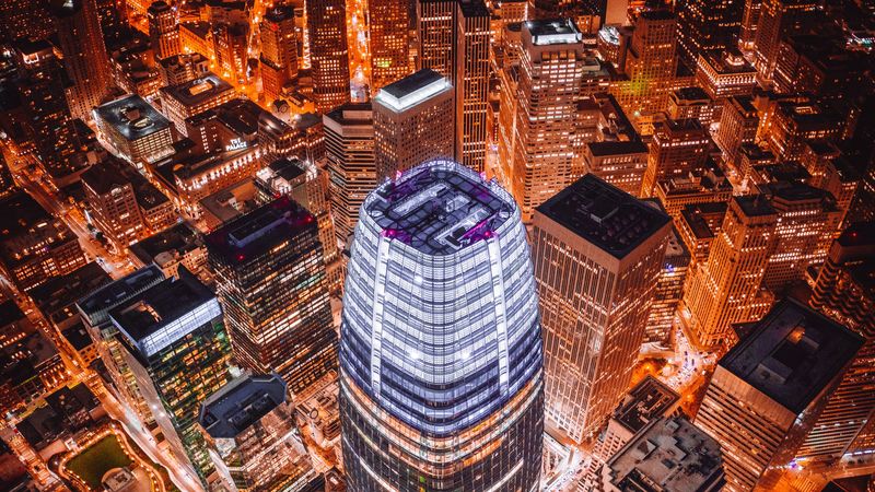 night city, aerial view, architecture, buildings, towers, skyscrapers, roofs, 4k