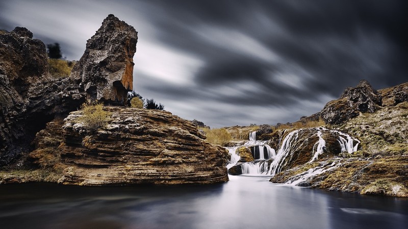 nature, landscape, long exposure, clouds, waterfall, rock, water, rock formation, Iceland