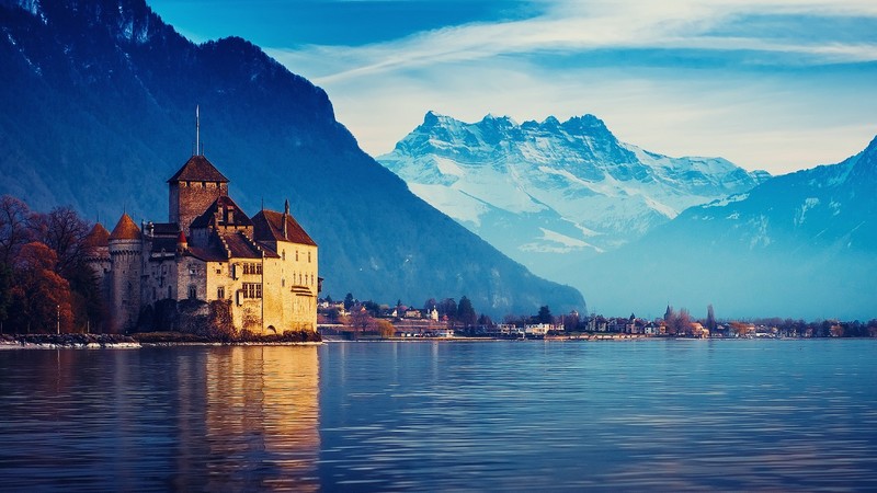 mountains, water, building, sky