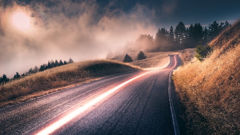 nature, landscape, long exposure, clouds, trees, road, hills, light trails, Sun, mist, photo manipulation, forest