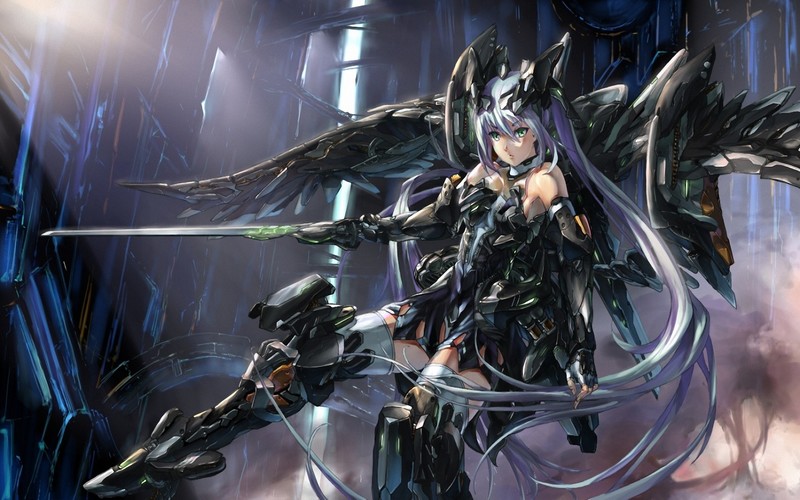 anime, anime girls, white hair, long hair, green eyes, futuristic