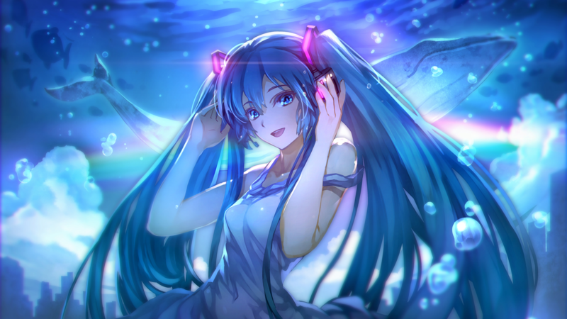 anime, anime girls, Hatsune Miku, blue hair, blue eyes, smiling, underwater, cyan