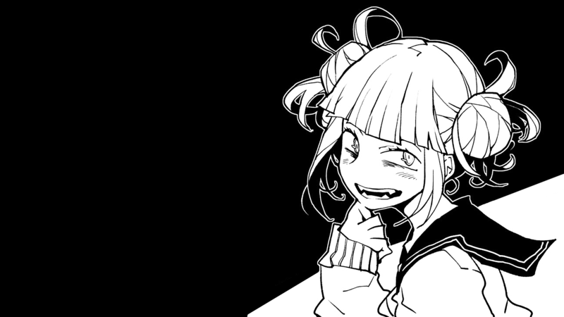 Boku no Hero Academia, Himiko Toga, school uniform, fangs, simple background, white, black, anime girls, smiling, creepy