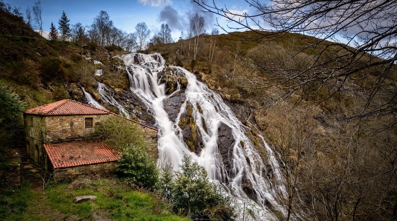 waterfall, landscape, house