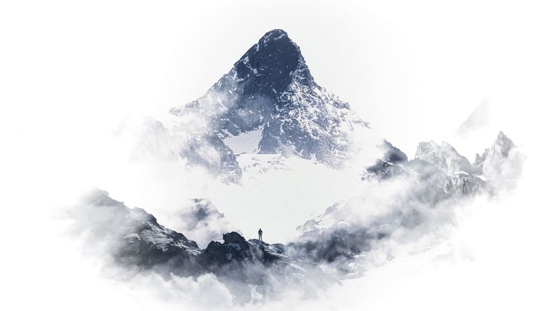 mountain, peak, silhouette, snow, clouds, white, 4k