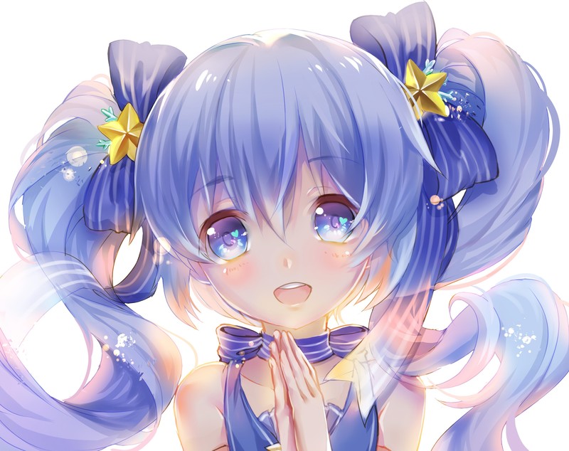 anime, anime girls, blue hair, looking at viewer, blue eyes, smiling, blushing, white background