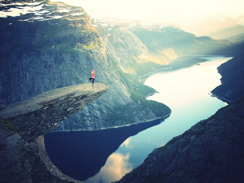 women, river, mountains, sky, landscape, water, forest, mist
