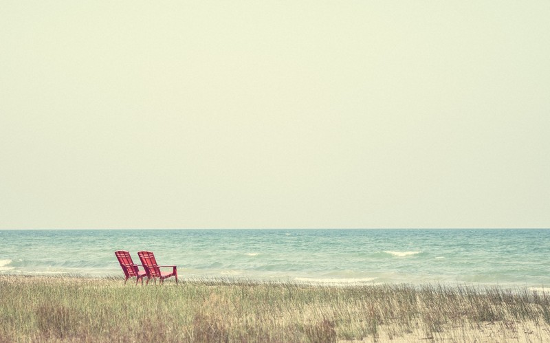 sea, horizon, sky, water, chair, coast