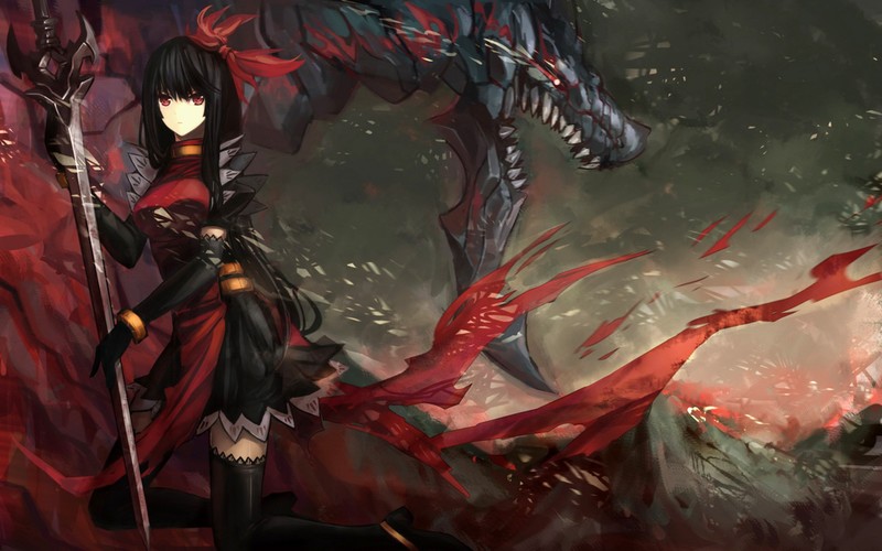 anime, anime girls, black hair, red eyes, sword, hair ornament