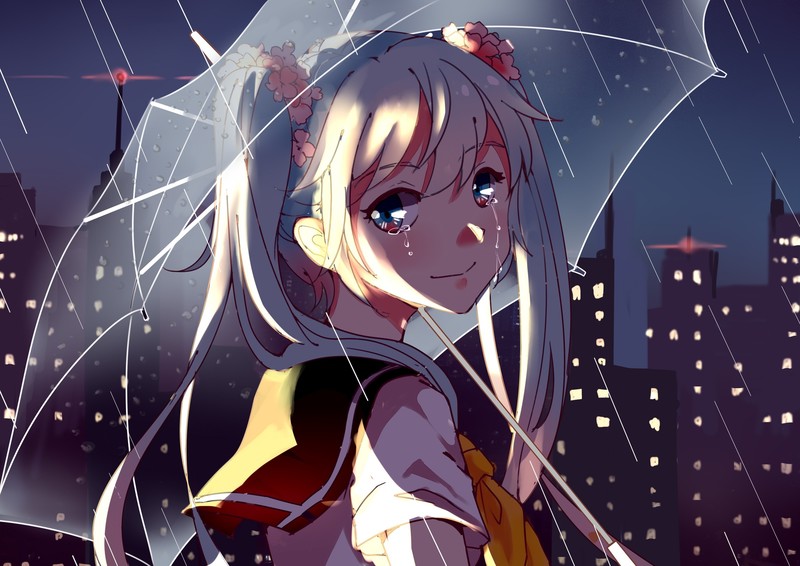 cityscape, Vocaloid, Hatsune Miku, crying, umbrella, sailor uniform