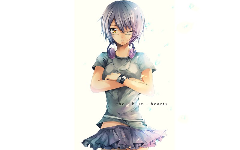 anime, anime girls, simple background, yellow eyes, headphones, short hair, skirt, silver hair, glasses